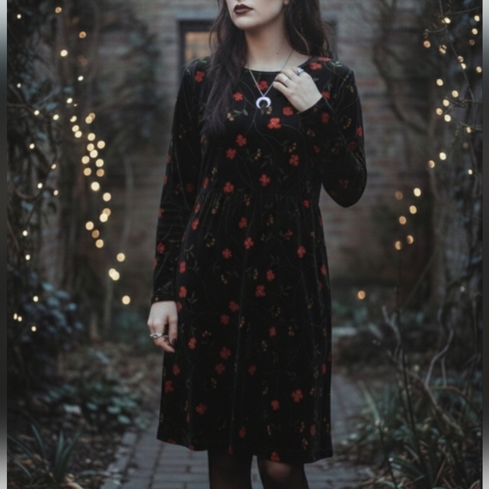 Ronnie‎ Nicole Long Sleeve Velvet Dress Black Floral Whimsigoth Y2k 90s Grunge
